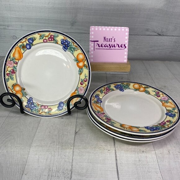 Oneida ORCHARD Fruit Blueberries Pear Plums  Stoneware Round Salad Plates Set 4 - Picture 1 of 16